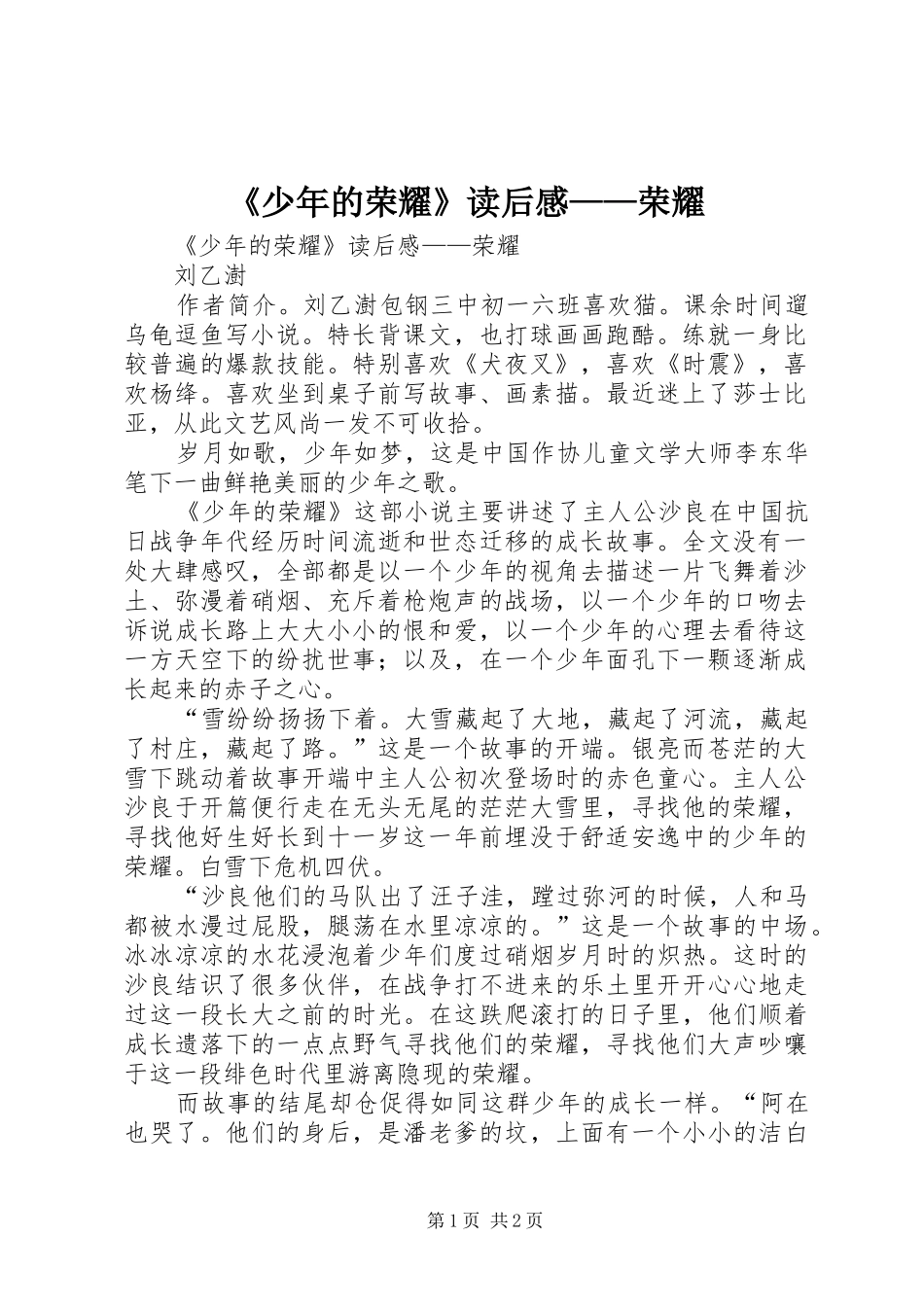 《少年的荣耀》读后感——荣耀 _第1页