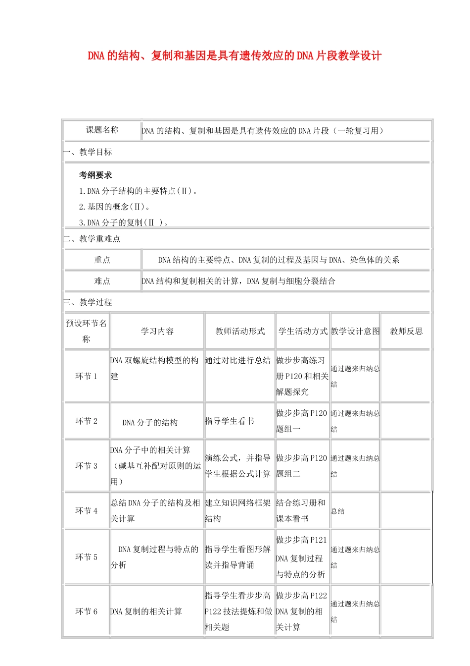 高中生物 DNA的结构、复制和基因是具有遗传效应的DNA片段教学设计 新人教版-新人教版高中全册生物教案_第1页