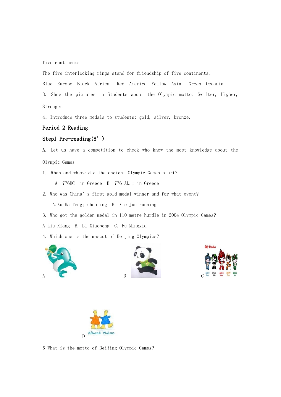 高中英语 Unit2 The Olympic Games公开课教案 新人教版必修2_第2页