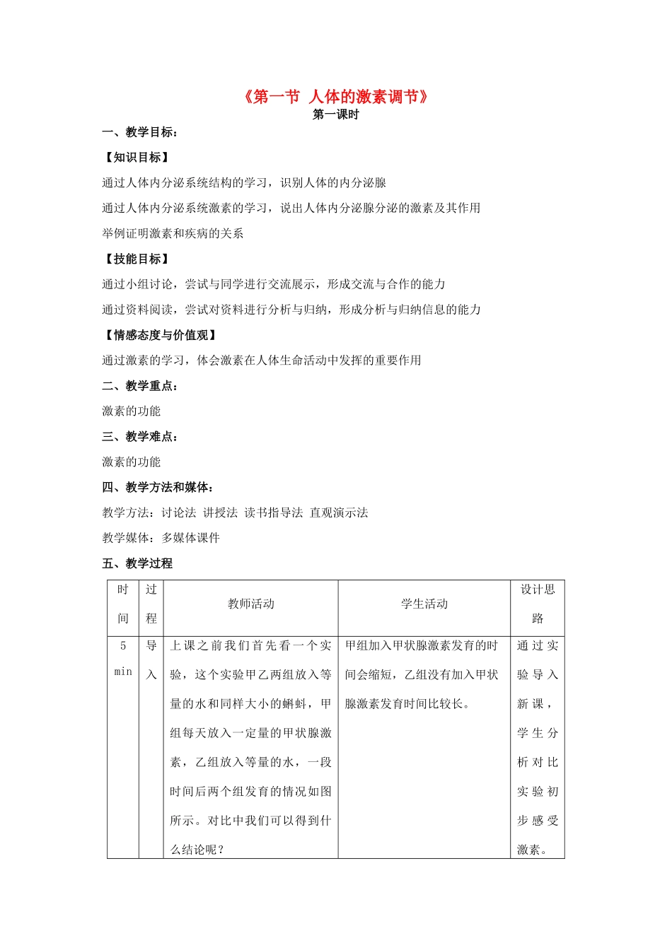 秋七年级生物下册 12.1 人体的激素调节教学设计 （新版）苏教版-（新版）苏教版初中七年级下册生物教案_第1页
