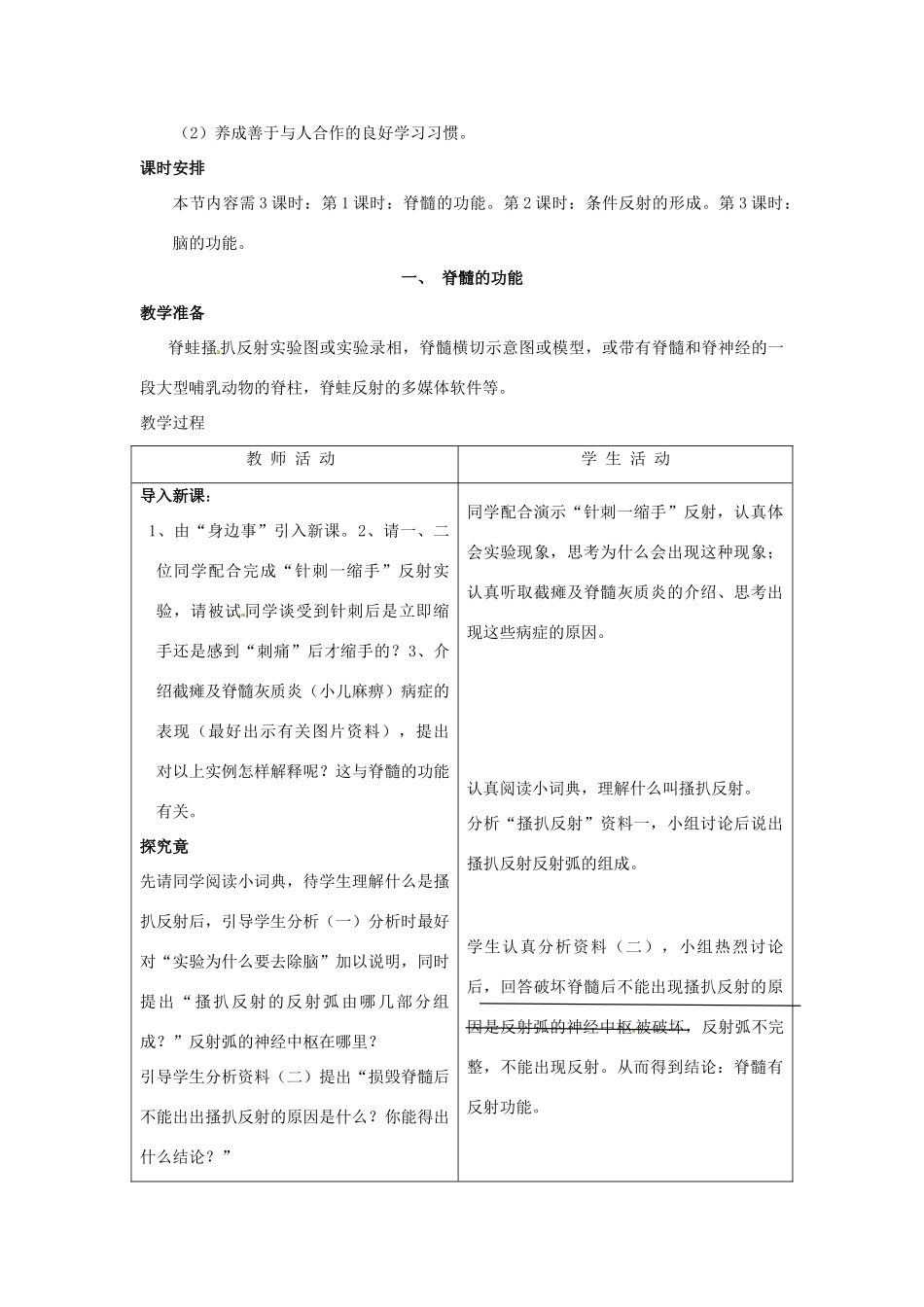 七年级生物下册 第四章《合理用脑 高效学习》4.3.1 脊髓的功能教案 （新版）冀教版_第3页