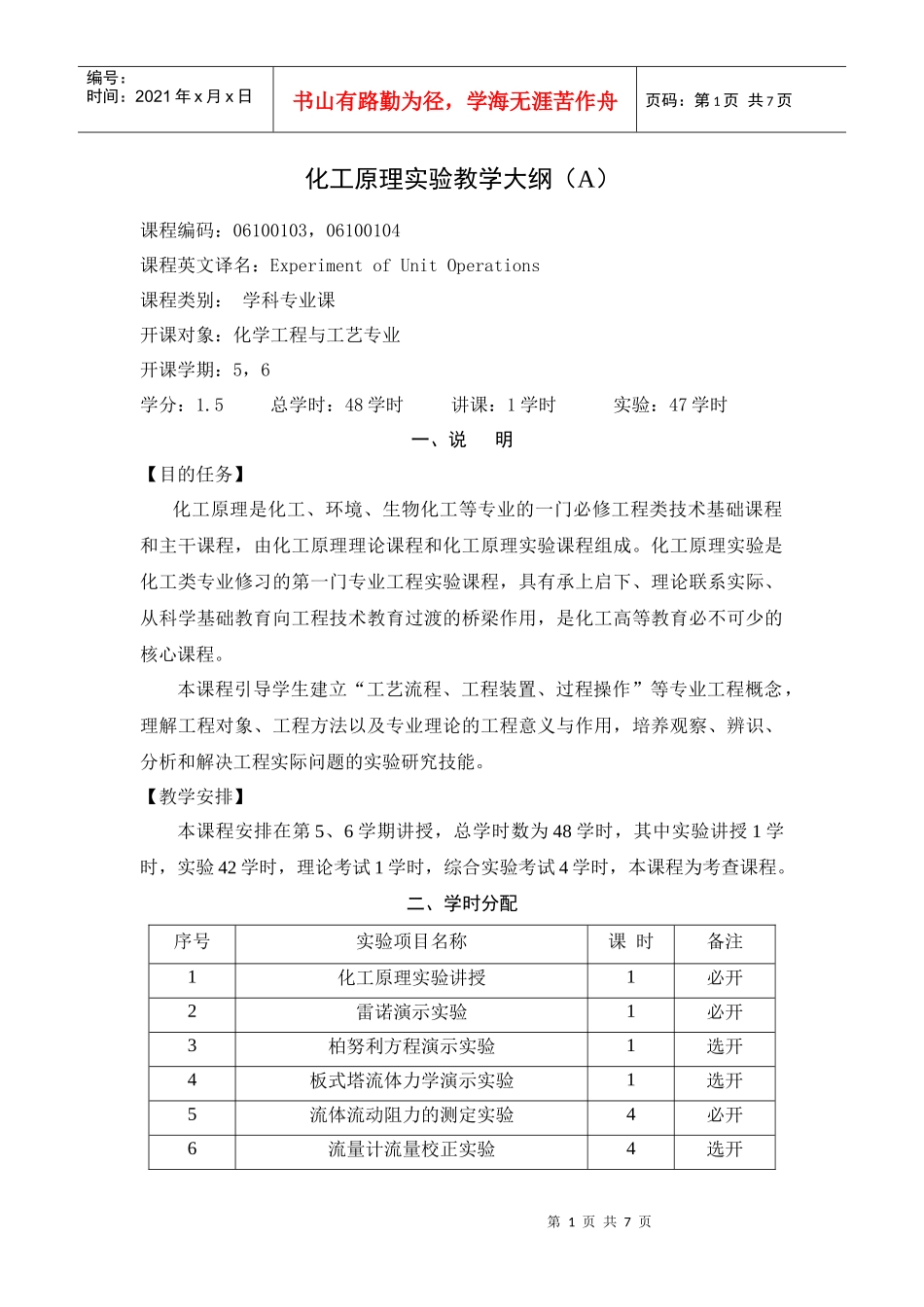 化工原理实验教学大纲（化工工艺）_第1页