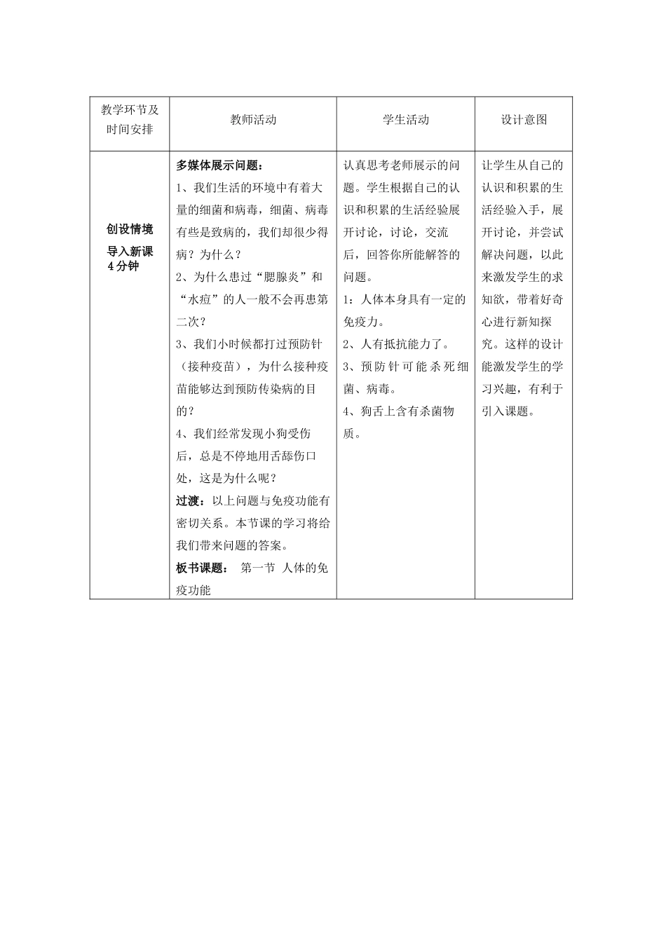 七年级生物下册 3.6.1 人体的免疫功能教案 （新版）济南版-（新版）济南版初中七年级下册生物教案_第2页