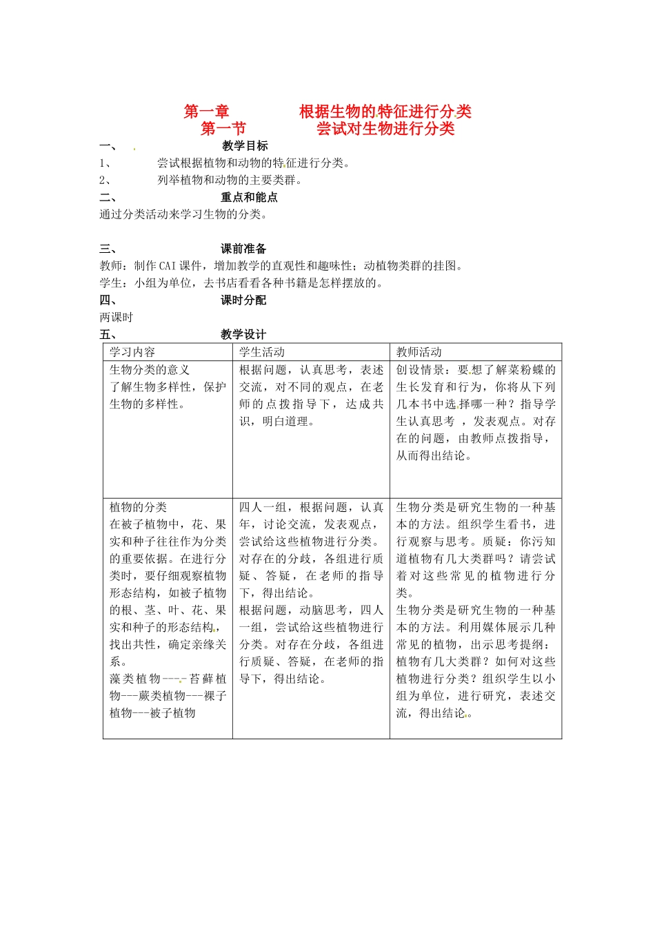 山东省临淄外国语实验学校八年级生物上册 第六单元 的多样性及其保护第一章 第一节 尝试对进行分类教案 新人教版_第1页
