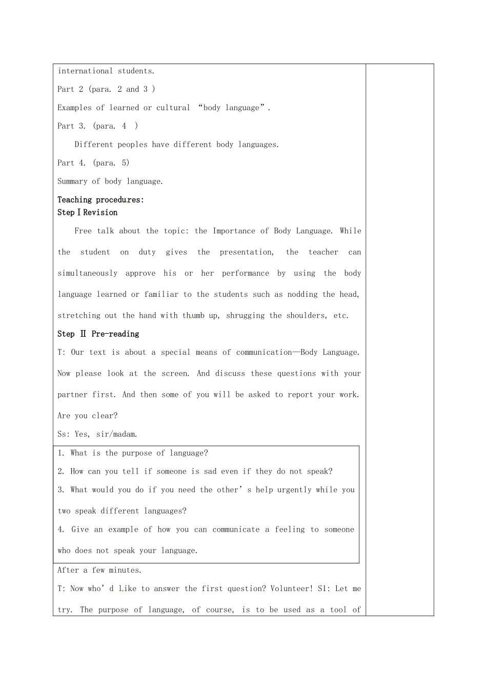 福建省厦门市集美区灌口中学高中英语 Unit 4 Body language Reading（第2课时）教案 新人教版必修4_第2页