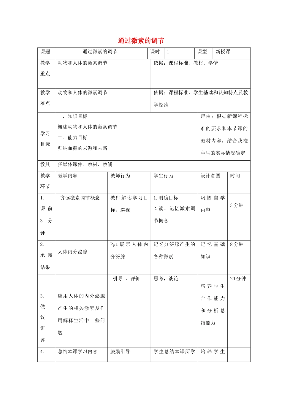 高中生物 第二章 动物和人体生命活动的调节 2.2 通过激素的调节（1）教案 新人教版必修3-新人教版高二必修3生物教案_第1页