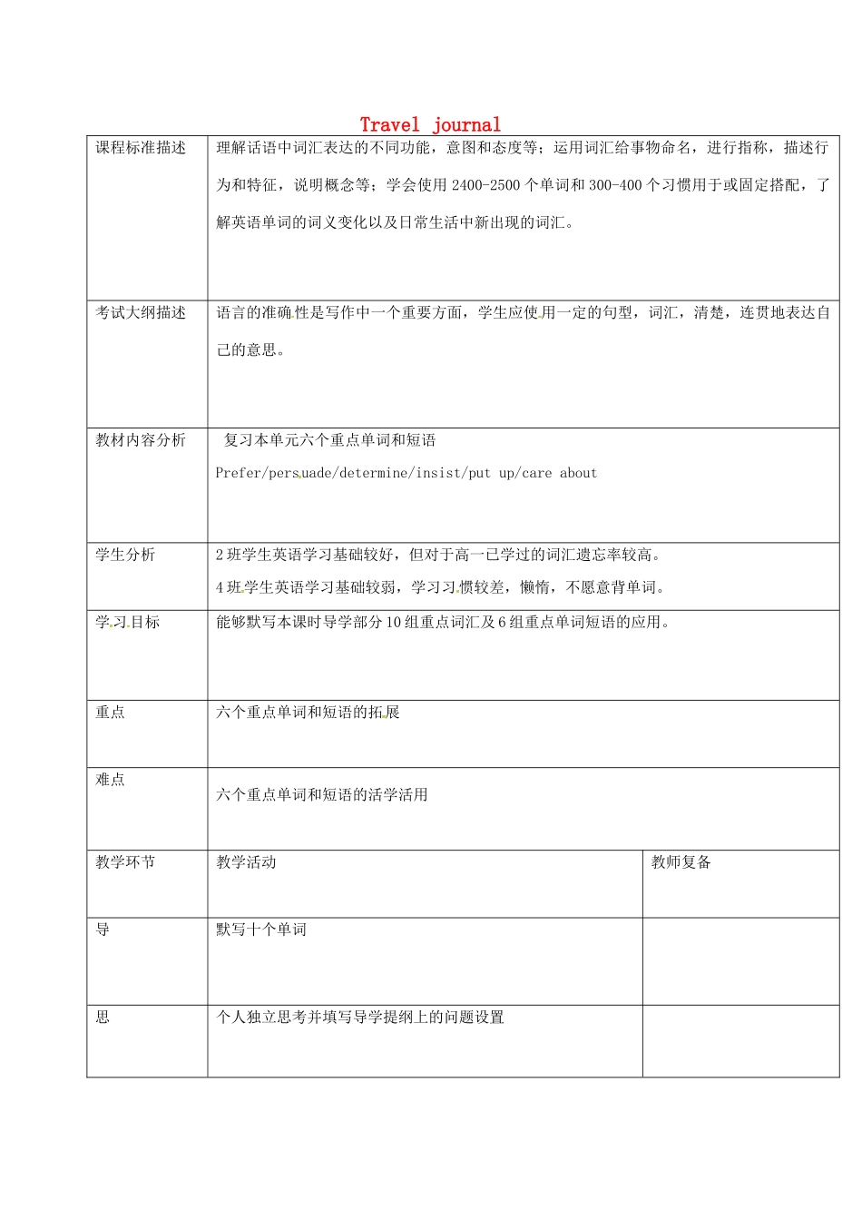 高中英语 Unit 3 Travel journal（第1课时）教学设计 新人教版必修1-新人教版高一必修1英语教案_第1页