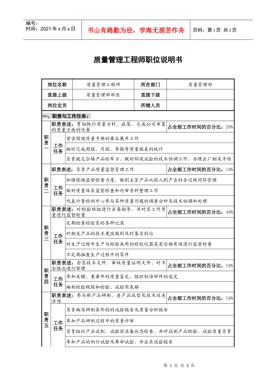仪器生产企业质量管理工程师职位说明书._第1页