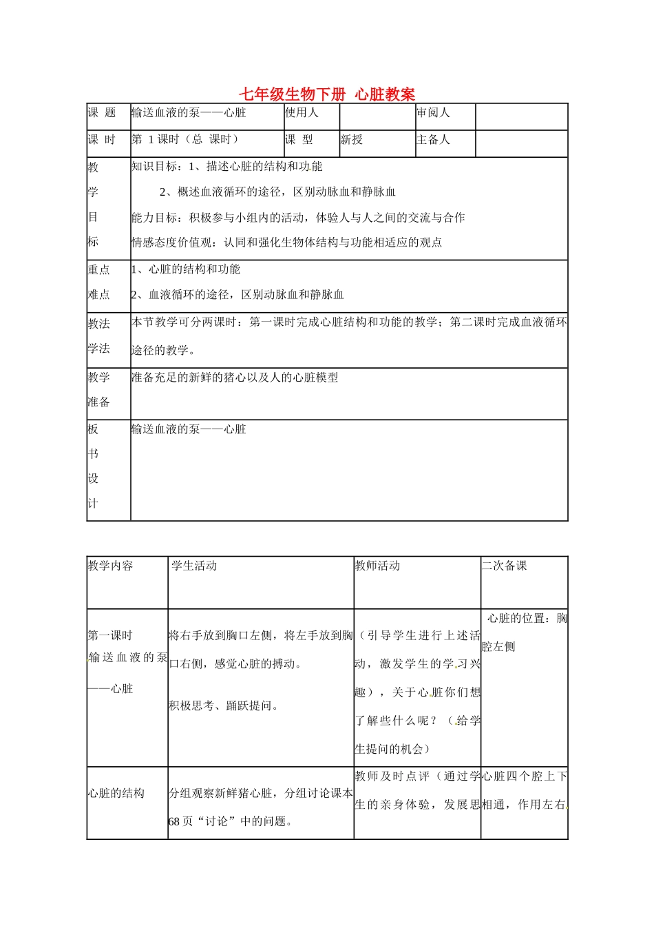 山东省临沭县第三初级中学七年级生物下册 心脏教案 新人教版_第1页