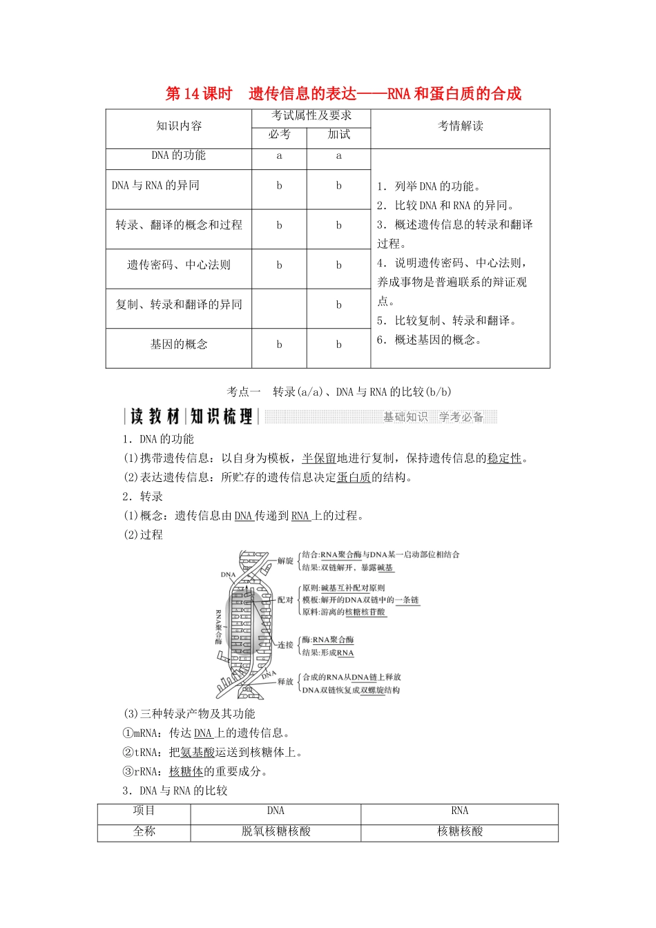 高中生物 第三章 遗传的分子基础 第14课时 遗传信息的表达——RNA和蛋白质的合成教案（必修2）-人教版高中必修2生物教案_第1页