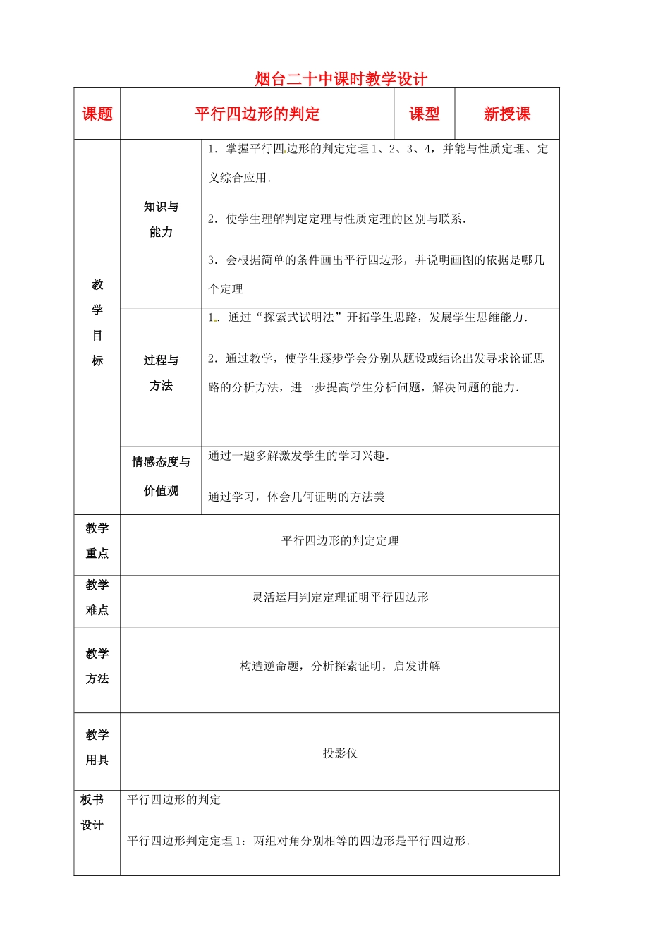 山东省烟台20中八年级数学《平行四边形的判定》教案_第1页