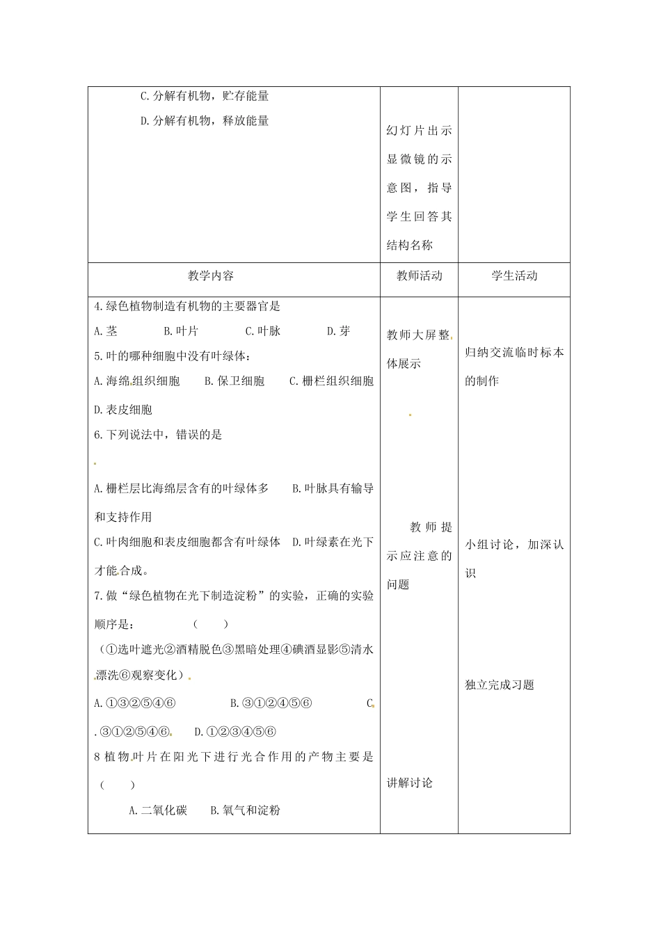 七年级生物上册 第6章 绿色植物的光合作用和呼吸作用评估教案 苏教版-苏教版初中七年级上册生物教案_第2页
