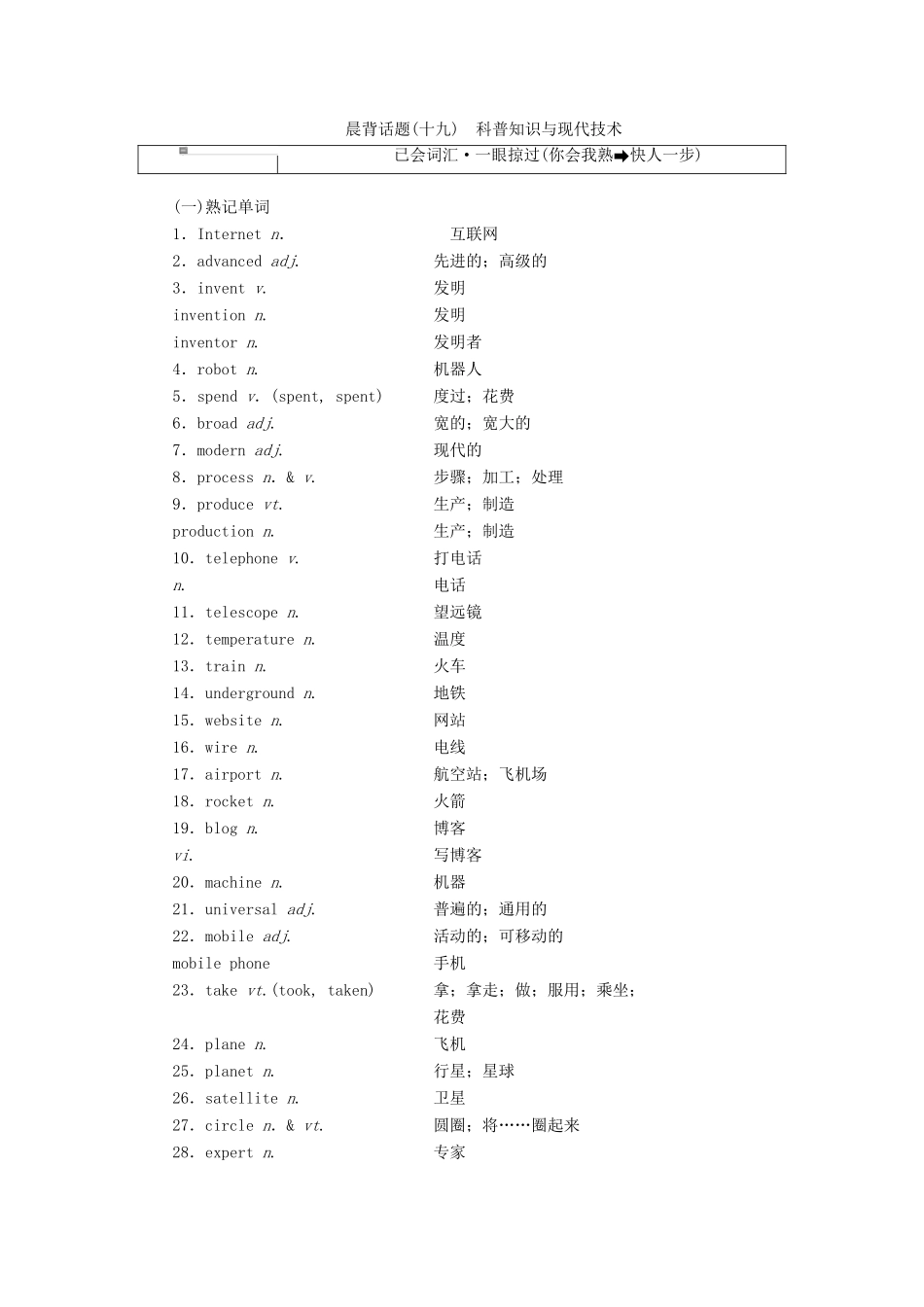 高考英语一轮复习 精选晨背热点话题（十九）科普知识与现代技术讲义-人教版高三全册英语教案_第1页