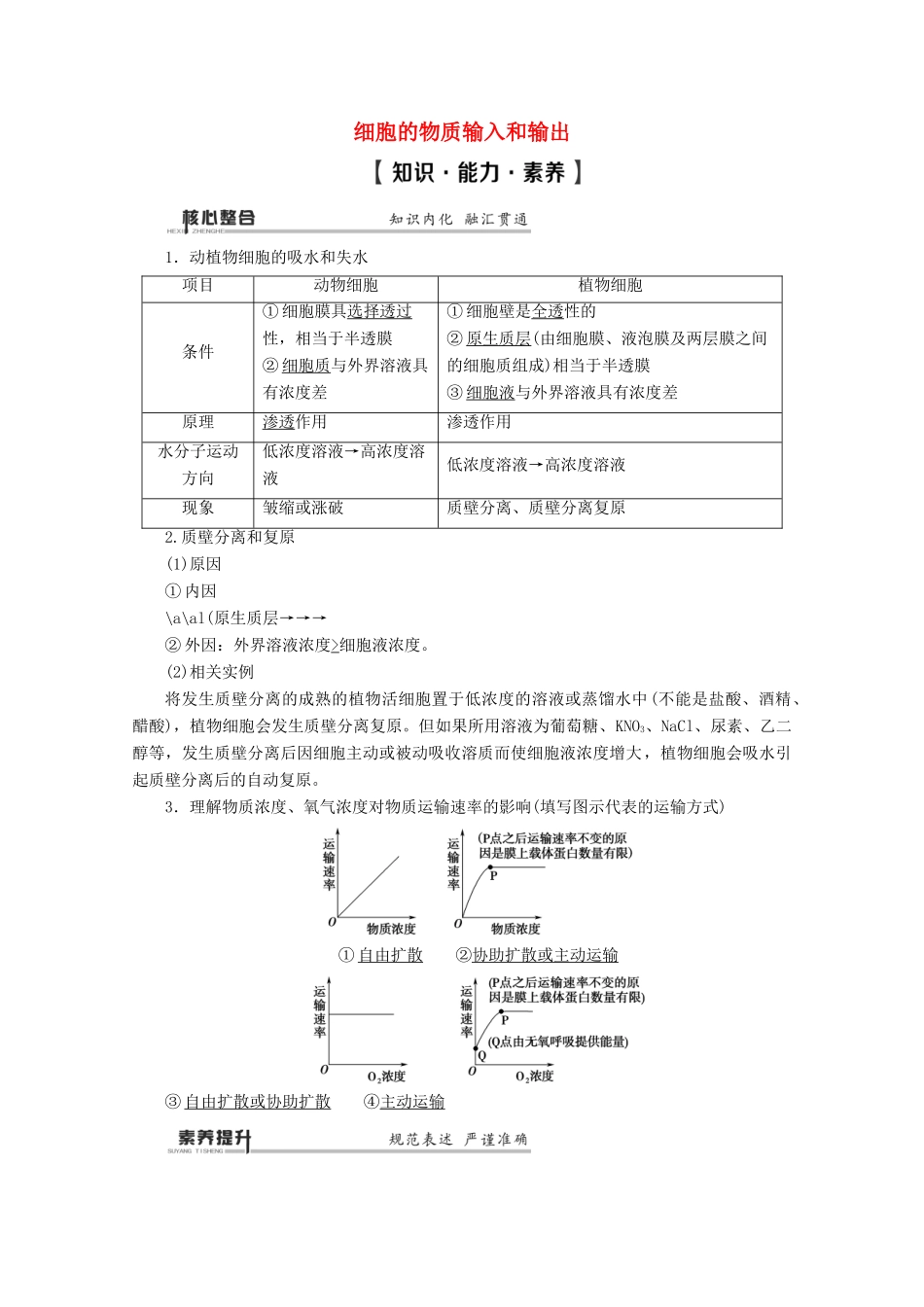 （通用版）高考生物二轮复习 第1部分 专题1 细胞的分子组成、结构、功能和物质运输 考点3 细胞的物质输入和输出教案-人教版高三全册生物教案_第1页