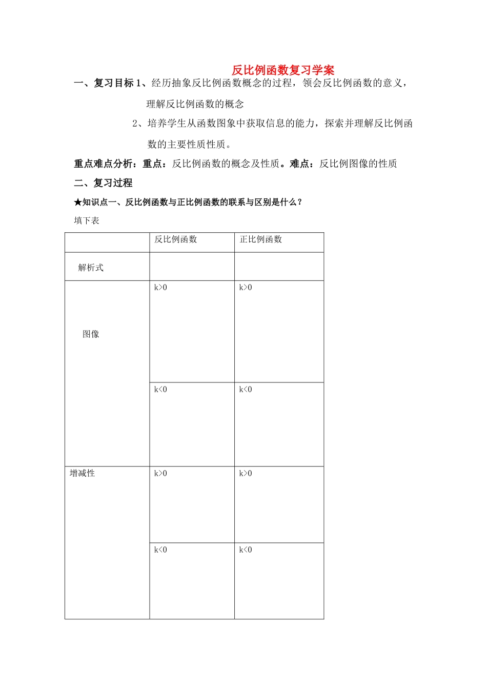 九年级数学上册 反比例函数复习教案 北师大版_第1页