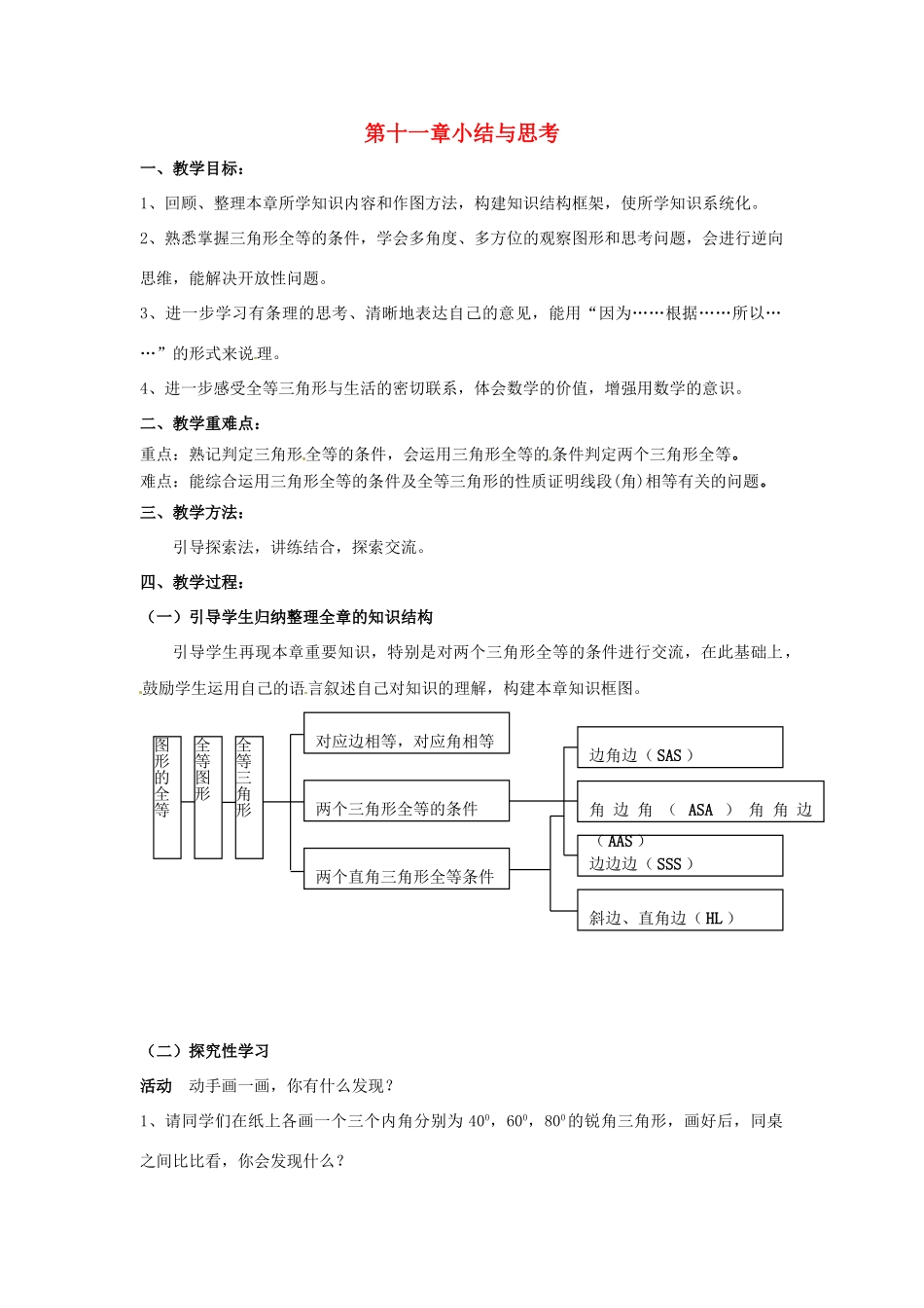 七年级数学下册《第十一章 图形的全等》小结与思考教案 苏科版-苏科版初中七年级下册数学教案_第1页