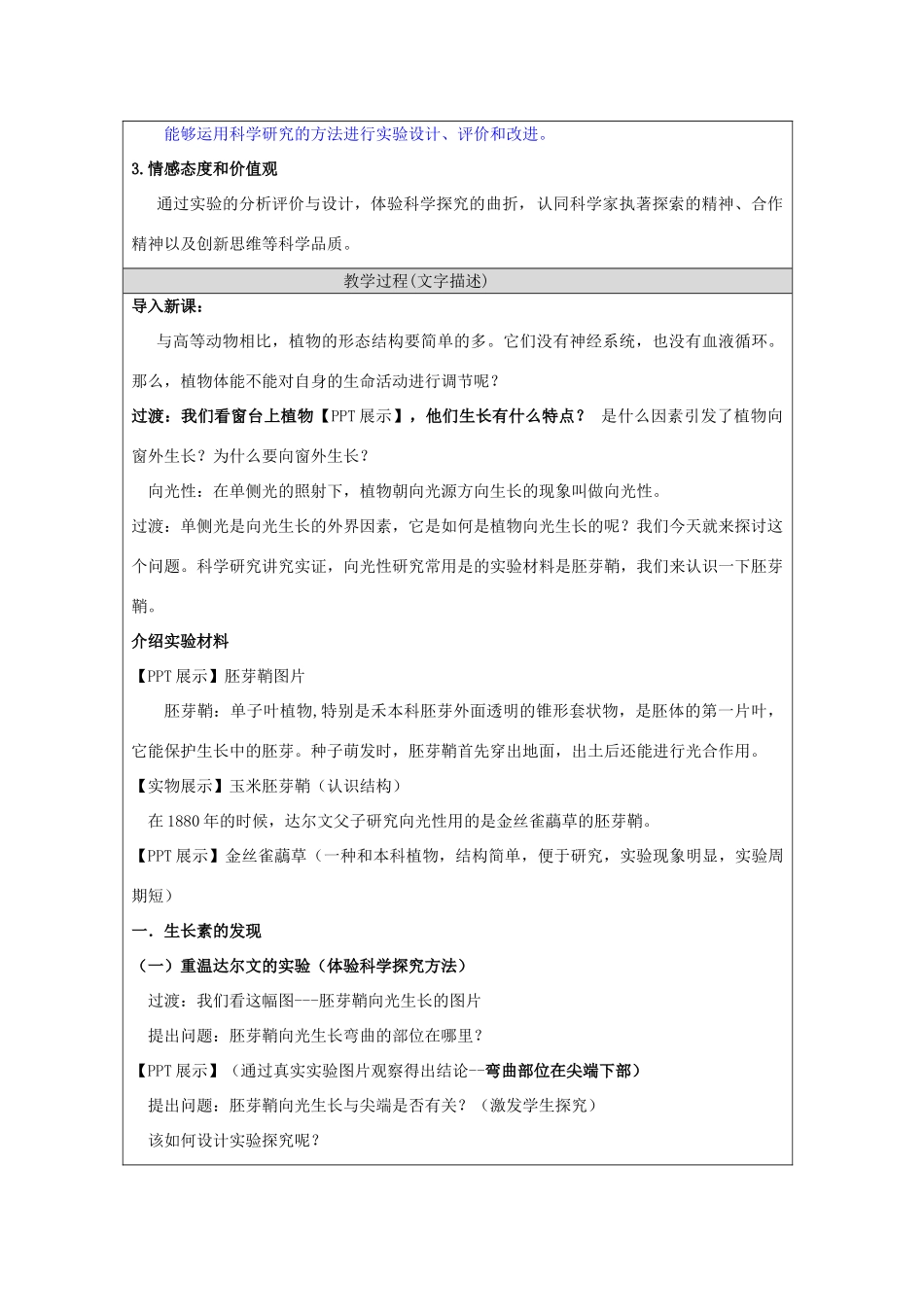 北京市房山区房山中学高二生物 第一章 第1节《植物生长素的发现》教案 浙教版必修3_第2页