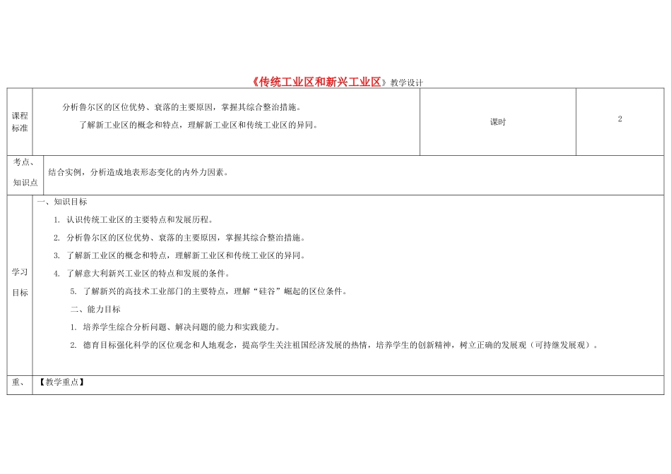 高中地理下学期第六周《传统工业区和新兴工业区》教学设计-人教版高中全册地理教案_第1页