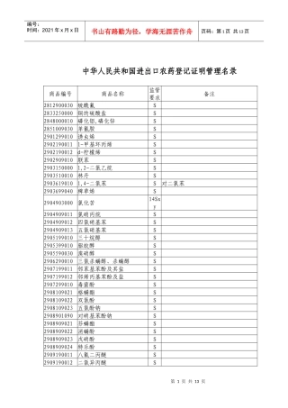 中华人民共和国进出口农药登记证明管理名录