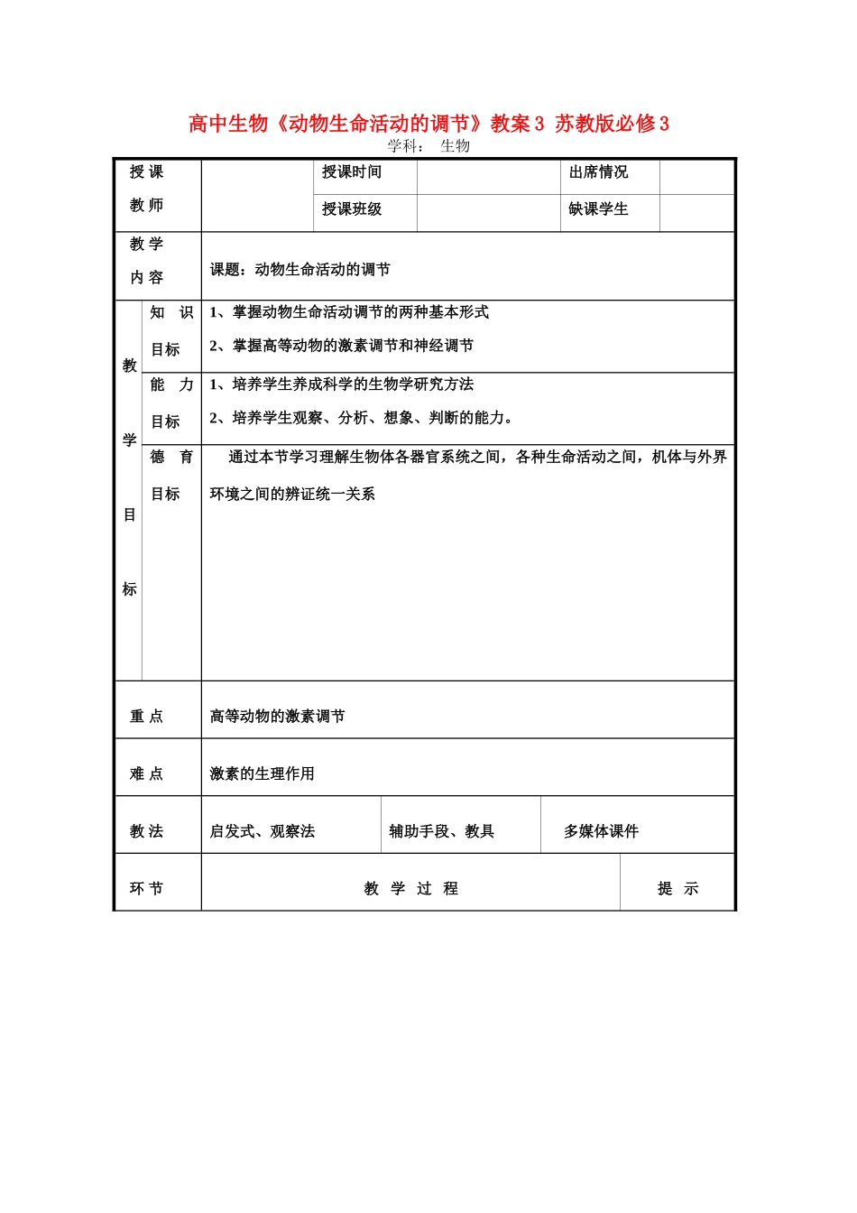 高中生物《动物生命活动的调节》教案3 苏教版必修3_第1页