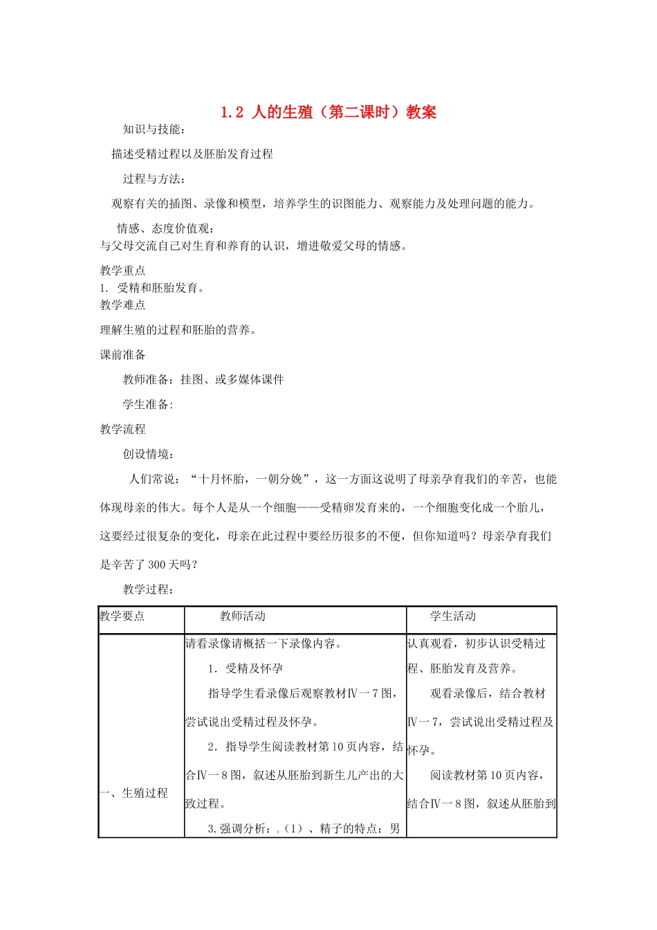 山东省临沂市费城镇初级中学七年级生物下册 1.2 人的生殖（第二课时）教案 新人教版_第1页