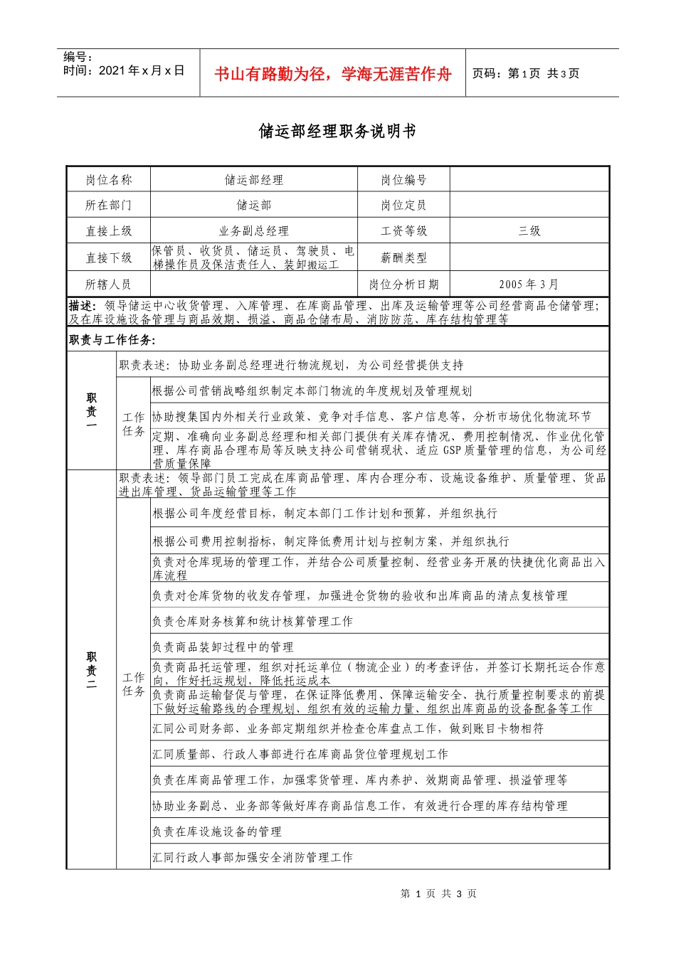 医药公司储运部经理职务说明书._第1页