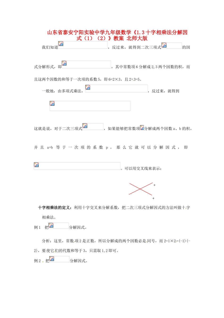 山东省泰安宁阳实验中学九年级数学《1.3十字相乘法分解因式（1）（2）》教案 北师大版_第1页