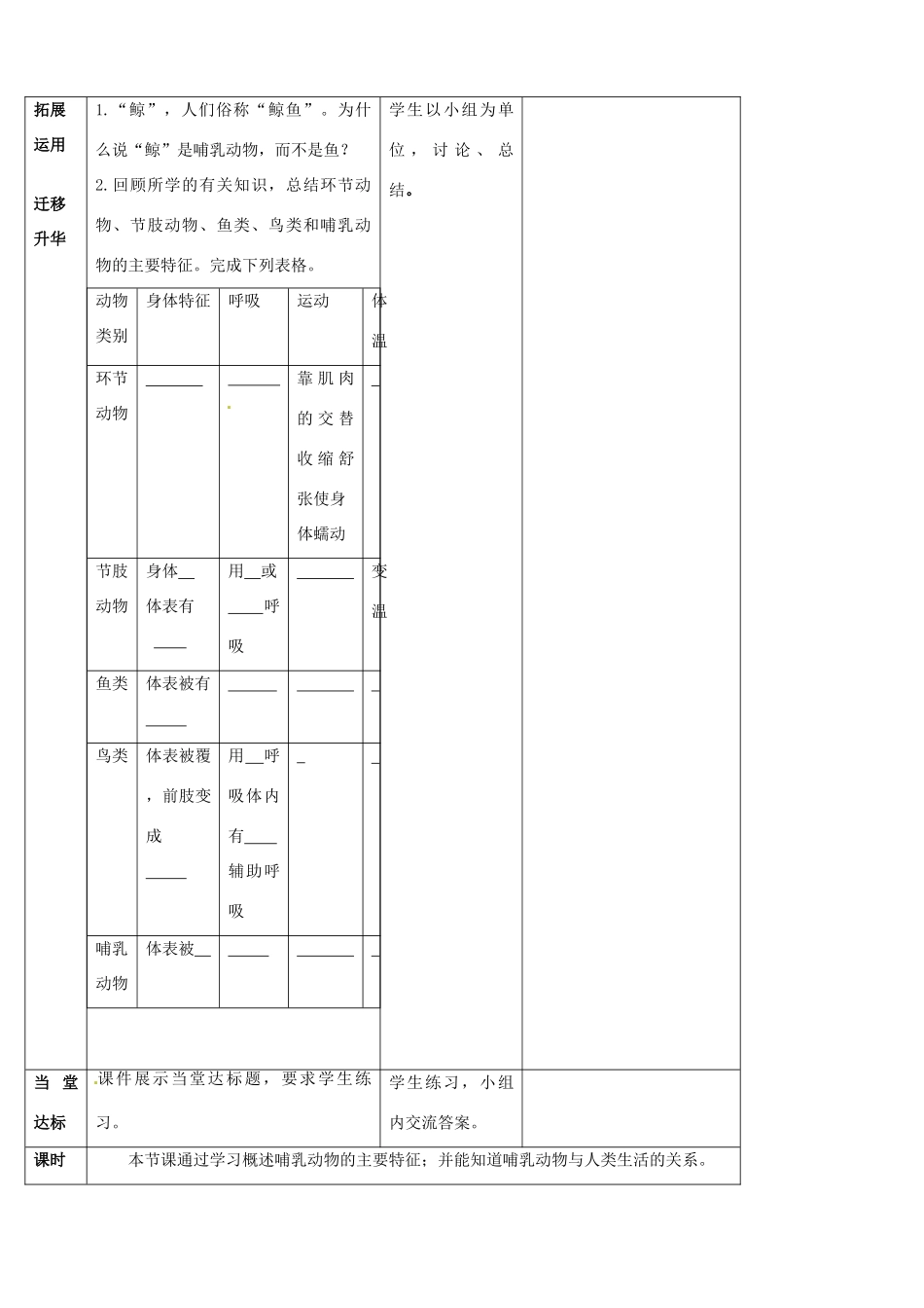 山东省宁阳县第二十五中学八年级生物上册《第五单元 第一章 第七节 哺乳动物》教案 （新版）新人教版_第3页