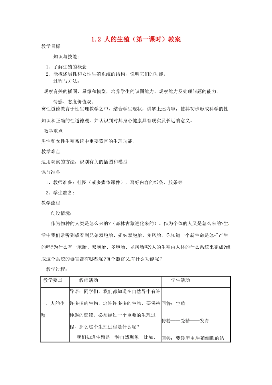 山东省临沂市费城镇初级中学七年级生物下册 1.2 人的生殖（第一课时）教案 新人教版_第1页
