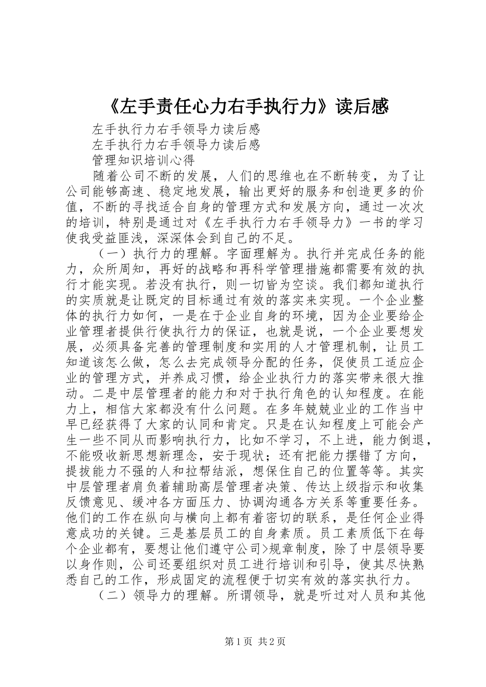 《左手责任心力右手执行力》读后感 _第1页