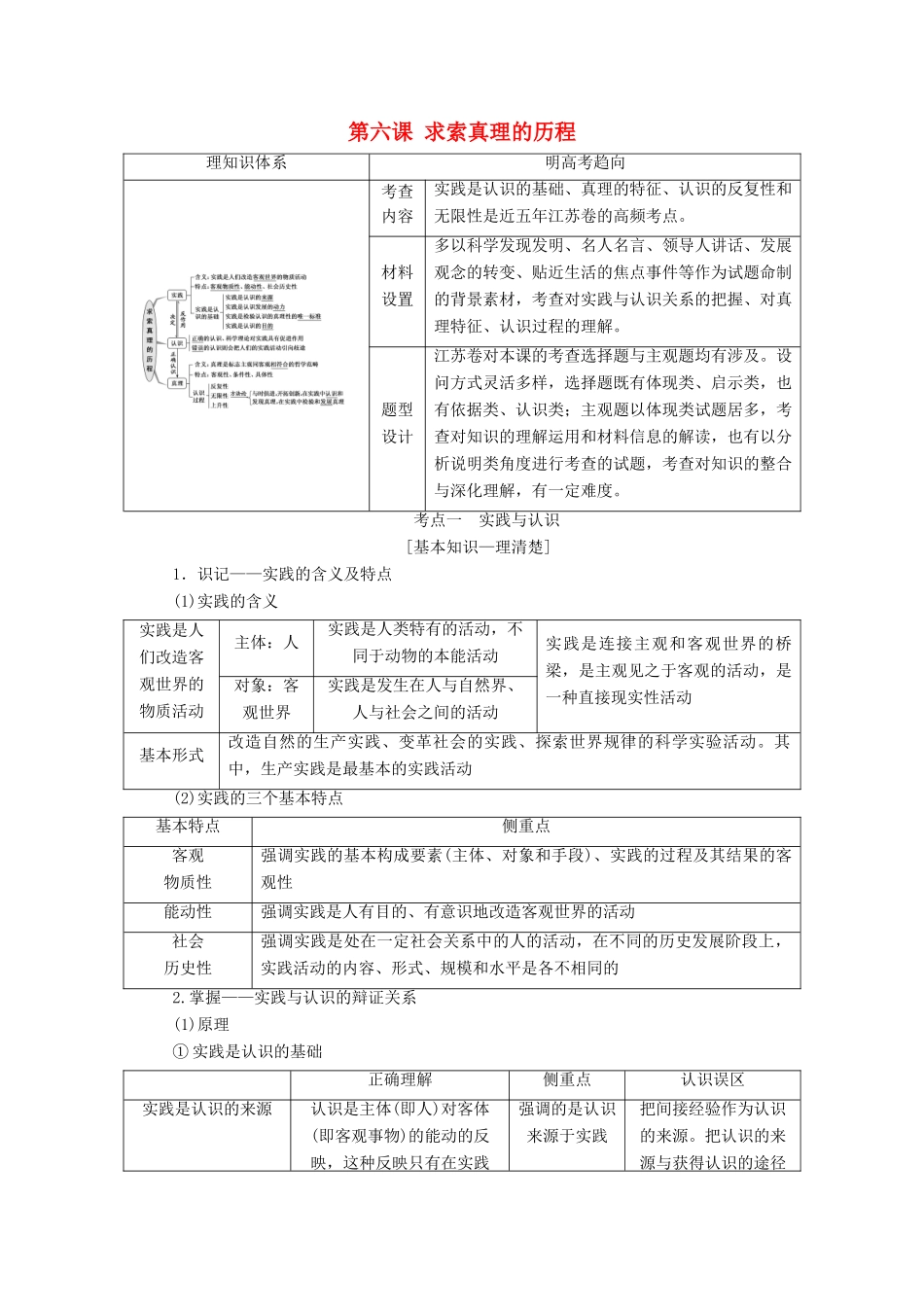 （江苏专版）高考政治一轮复习 第二单元 探索世界与追求真理 第六课 求索真理的历程讲义 新人教版必修4-新人教版高三必修4政治教案_第1页