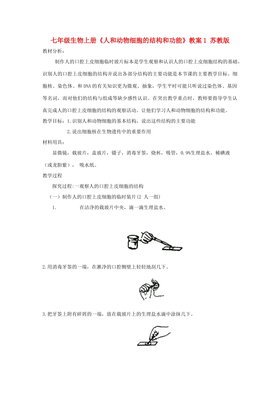 七年级生物上册《人和动物细胞的结构和功能》教案1 苏教版_第1页