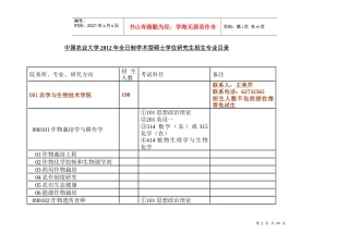 中国农业大学XXXX年全日制学术型硕士学位研究生招生专业目录