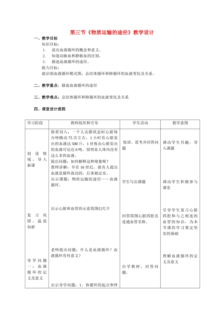 七年级生物上册 物质运输的途径教学设计_第1页