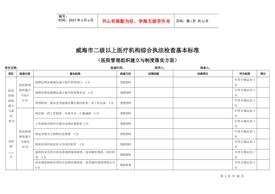 二级以上医疗机构综合执法检查基本评分标准_第1页