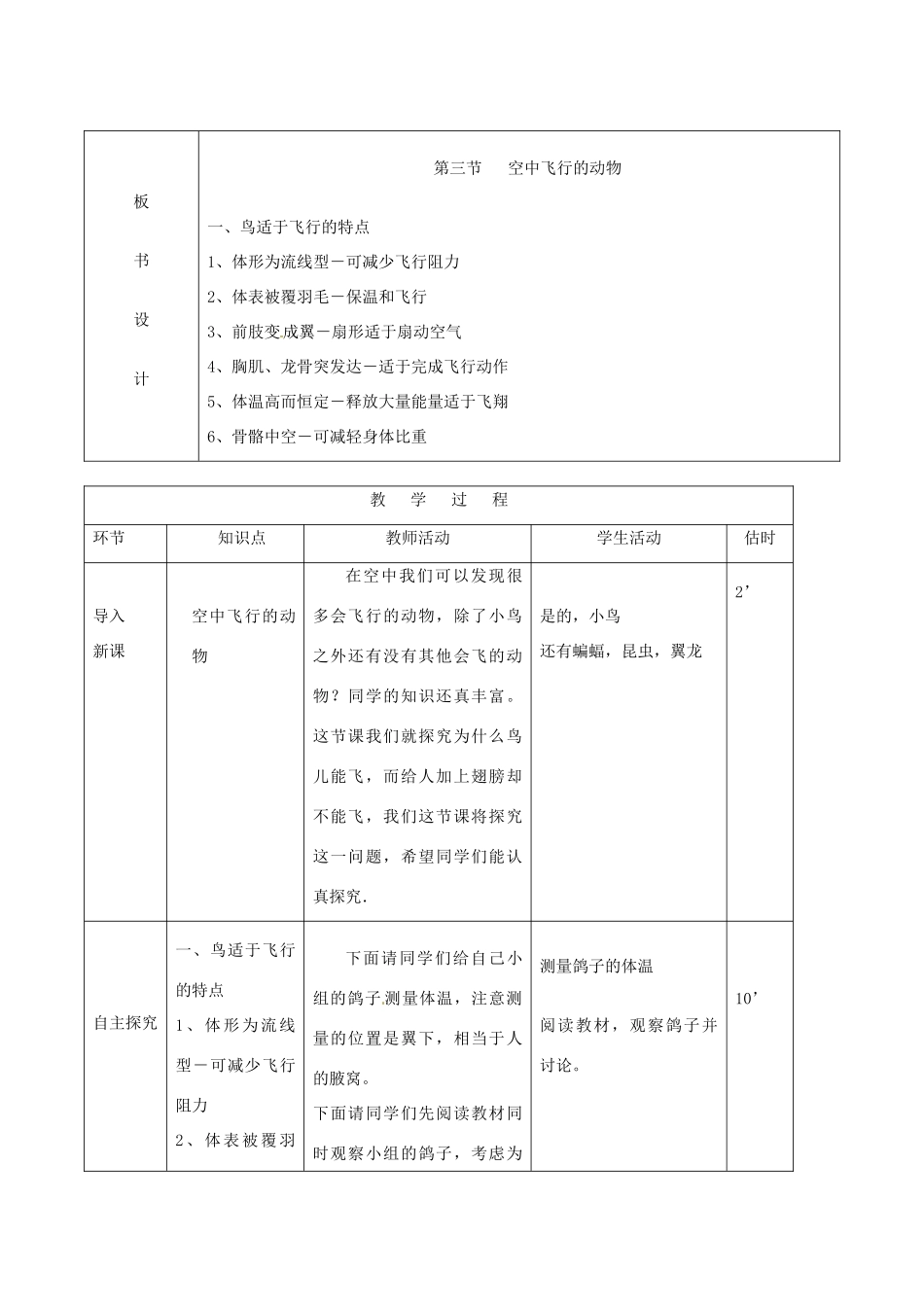 山东省临沭县第三初级中学八年级生物上册 空中飞行的动物（第1课时）教案 新人教版_第2页