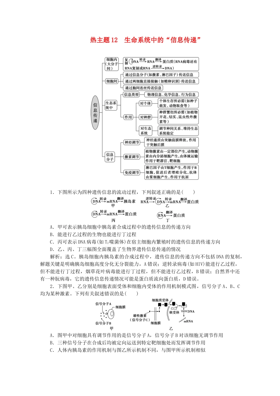 （京津鲁琼版）高考生物二轮复习 热考主题12 生命系统中的“信息传递”讲义-人教版高三全册生物教案_第1页