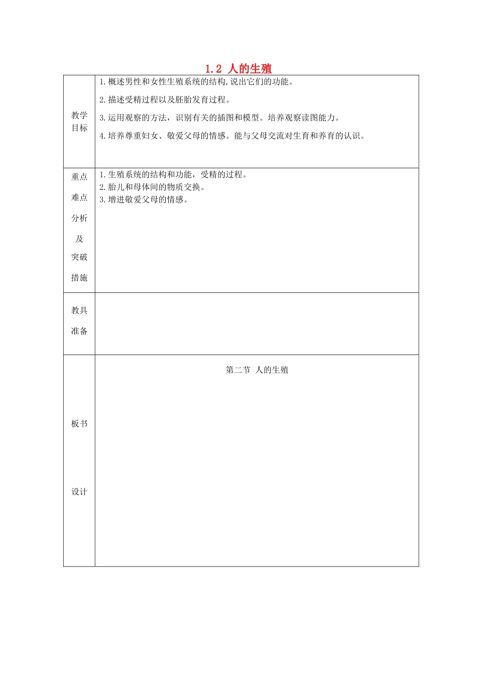 山东省龙口市诸由观镇诸由中学七年级生物下册 1.2 人的生殖教案2 新人教版_第1页