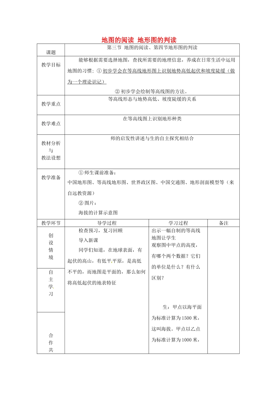 山东省临沂市蒙阴县第四中学八年级地理会考复习 地图的阅读 地形图的判读教案 新人教版_第1页