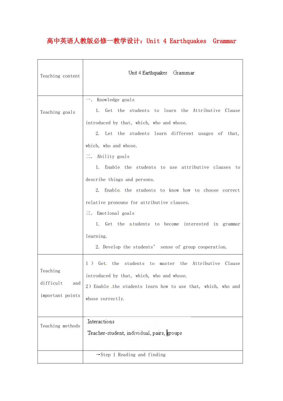 高中英语 Unit 4 Earthquakes Grammar教学设计 新人教版必修1_第1页