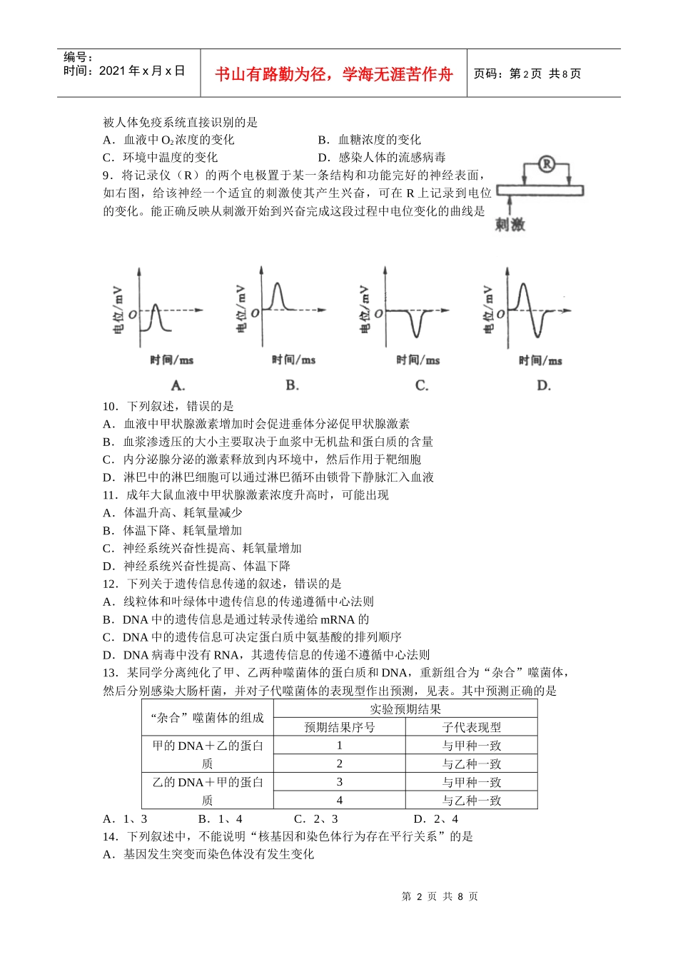 XXXX年普通高等学校招生全国统一考试（海南卷）生物第Ⅰ_第2页