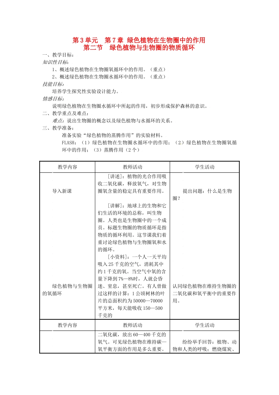 七年级生物上册 7.2 绿色植物与生物圈的物质循环教案 苏教版_第1页