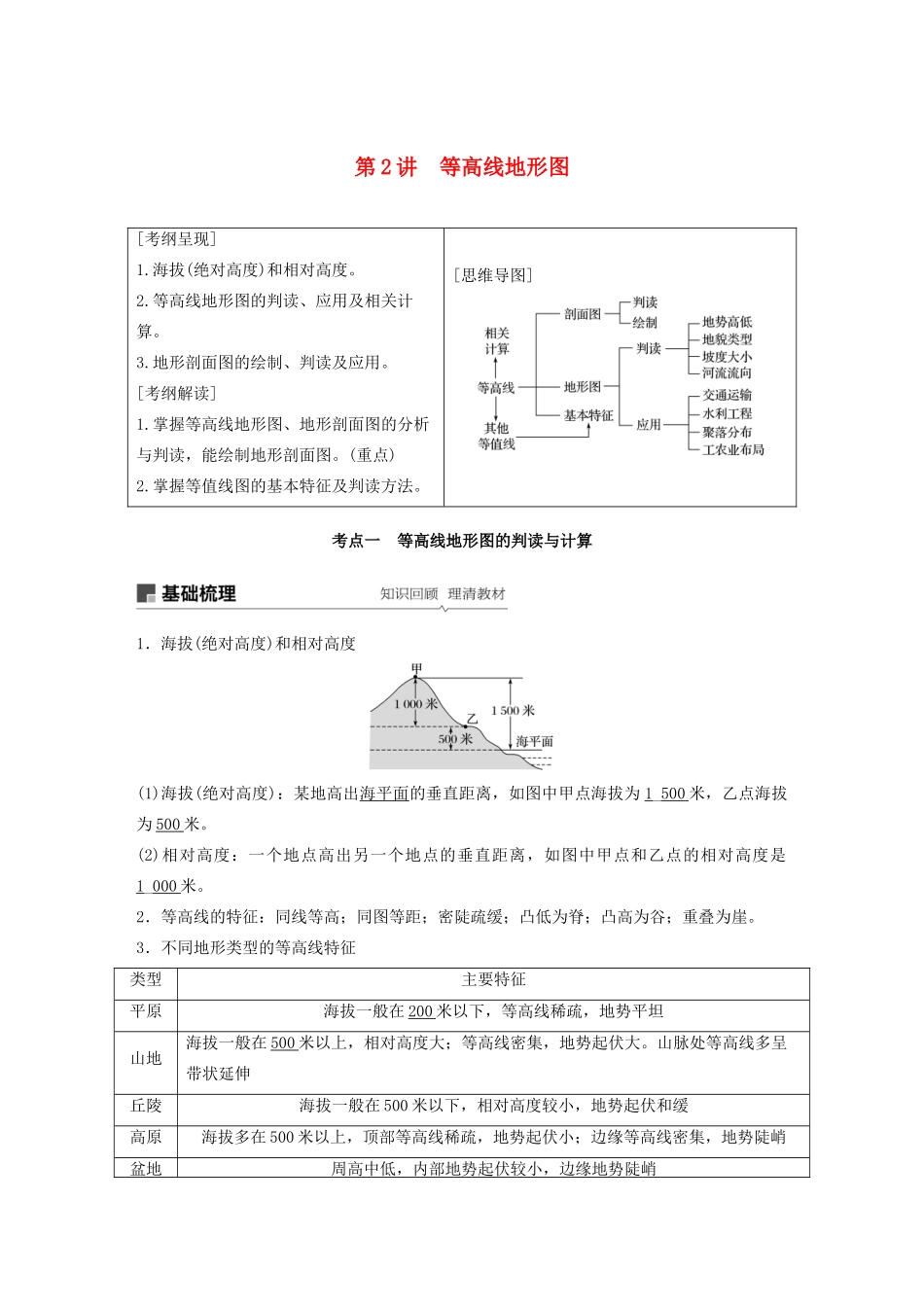 高考地理新导学大一轮复习 第一册 第一单元 地球与地图 第2讲 等高线地形图讲义（含解析）鲁教版-鲁教版高三第一册地理教案_第1页