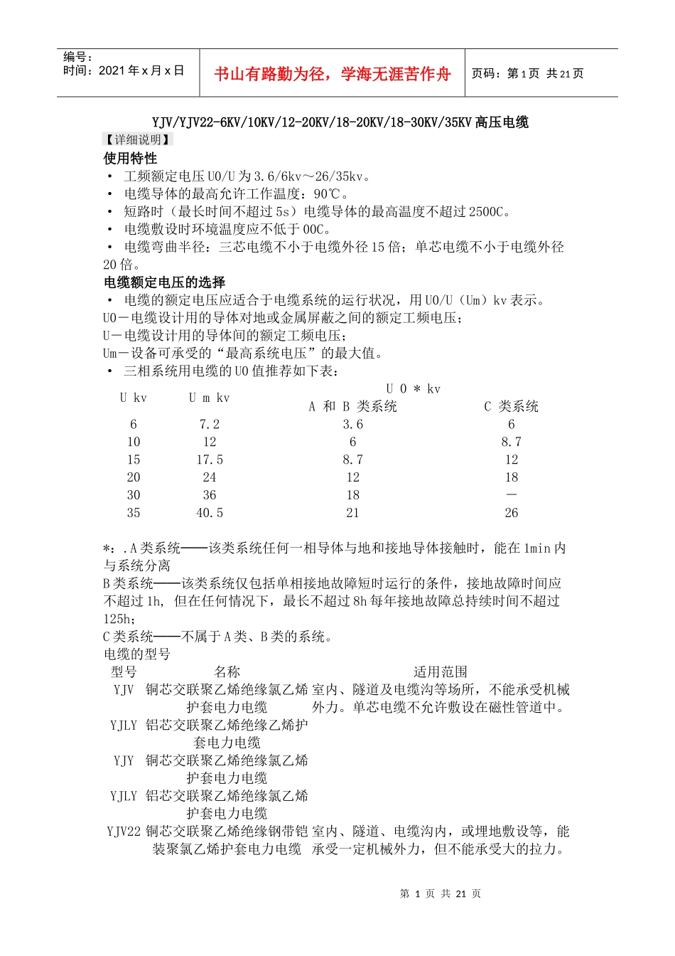 YJVYJV22-6KV10KV12-20KV18-20KV18-30KV35KV高压电缆_第1页