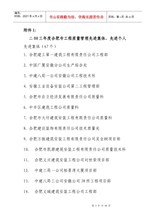 二00三年度合肥市工程质量管理先进集体