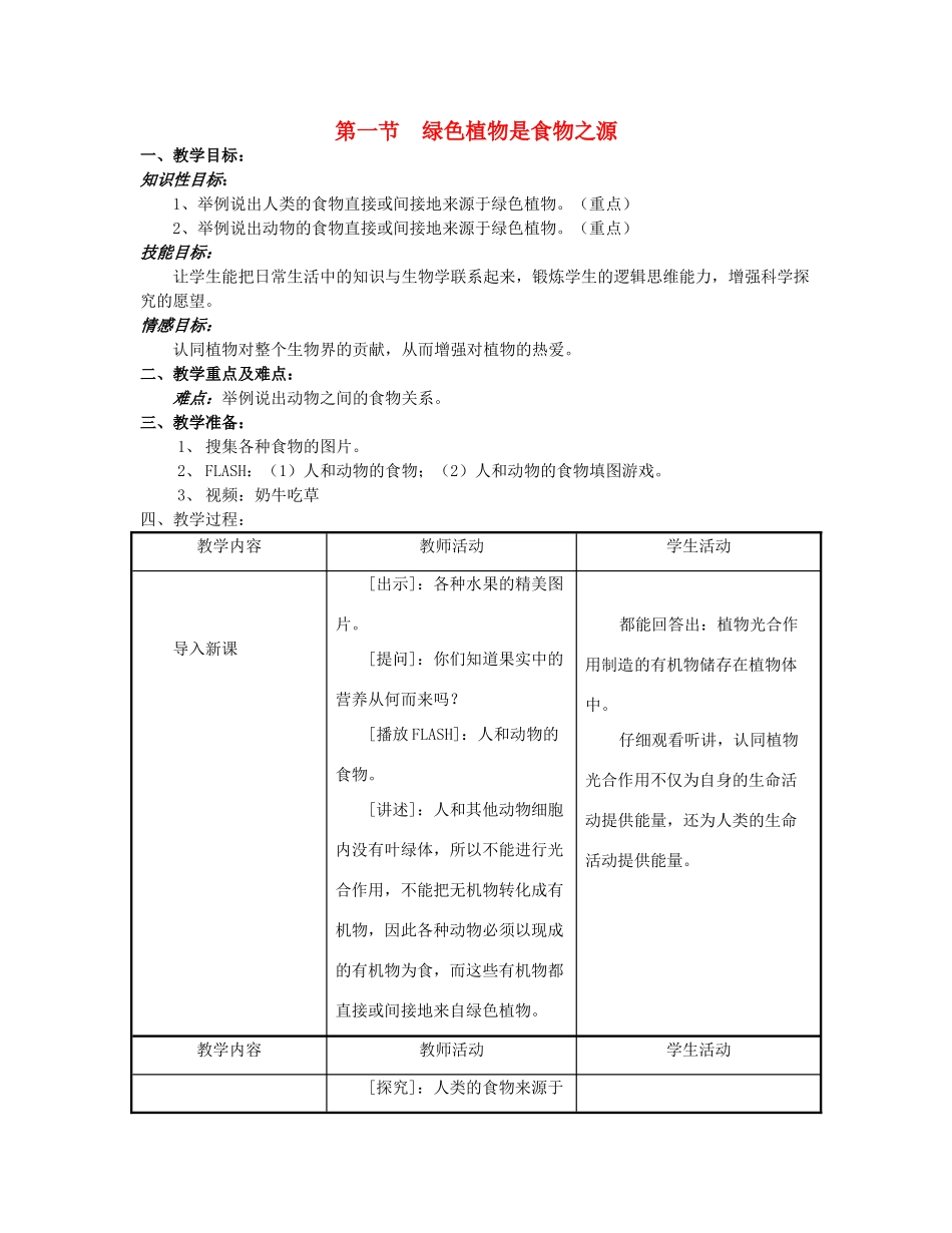 七年级生物上册 第三单元 生物圈中的绿色植物 第七章 绿色植物在生物圈中的作用 第一节 绿色植物是食物之源教案-人教版初中七年级上册生物教案_第1页