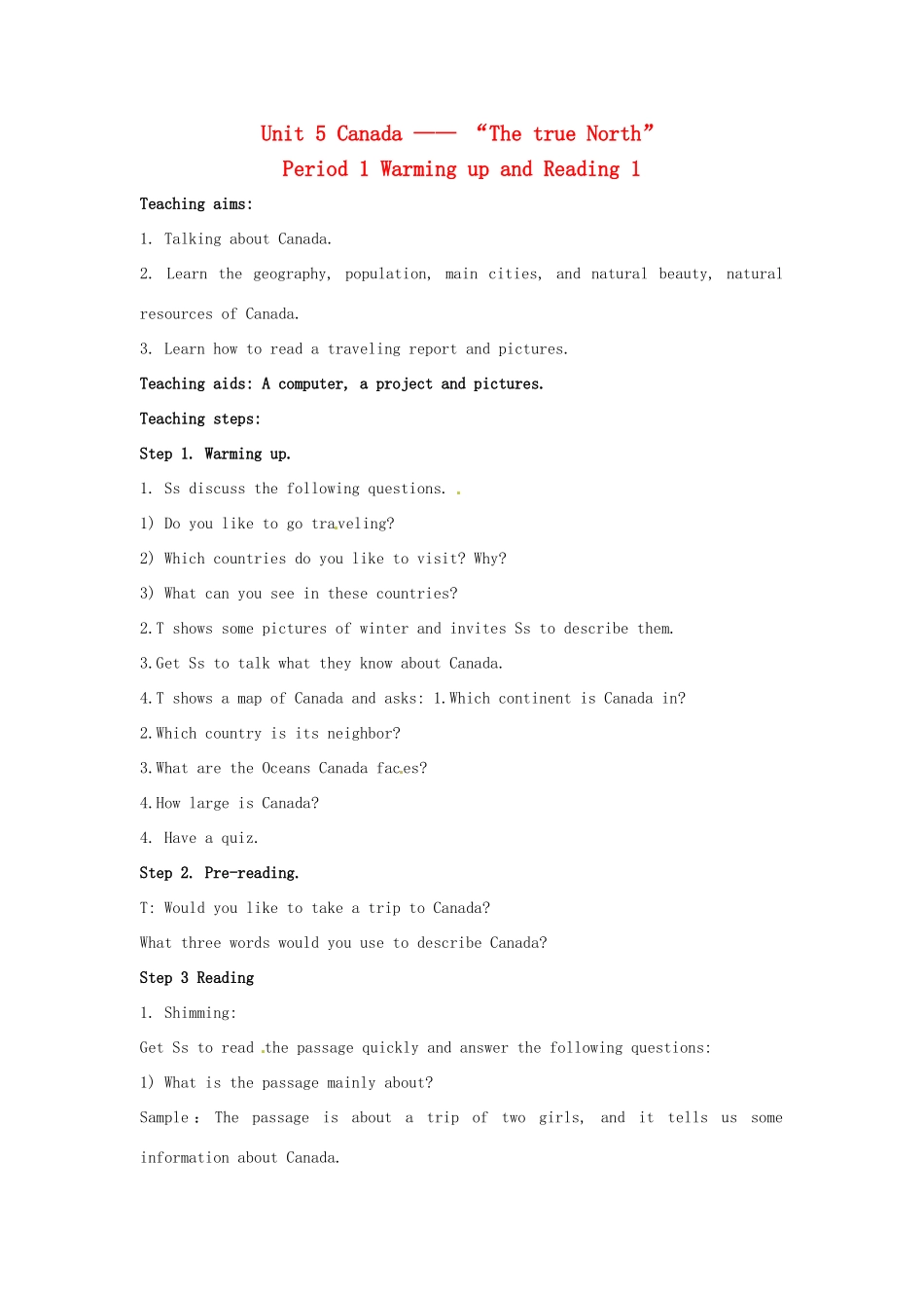 高中英语 Unit 5 Canada-The true North全单元教案 新人教版必修3_第1页