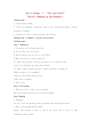 高中英语 Unit 5 Canada-The true North全单元教案 新人教版必修3