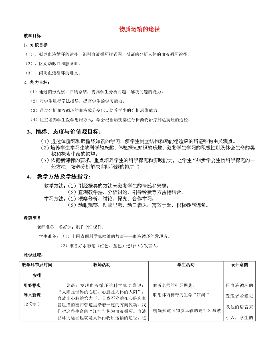 七年级生物下册 第3单元 第3章 第3节 物质运输的途径（第1课时）教案2 （新版）济南版_第1页