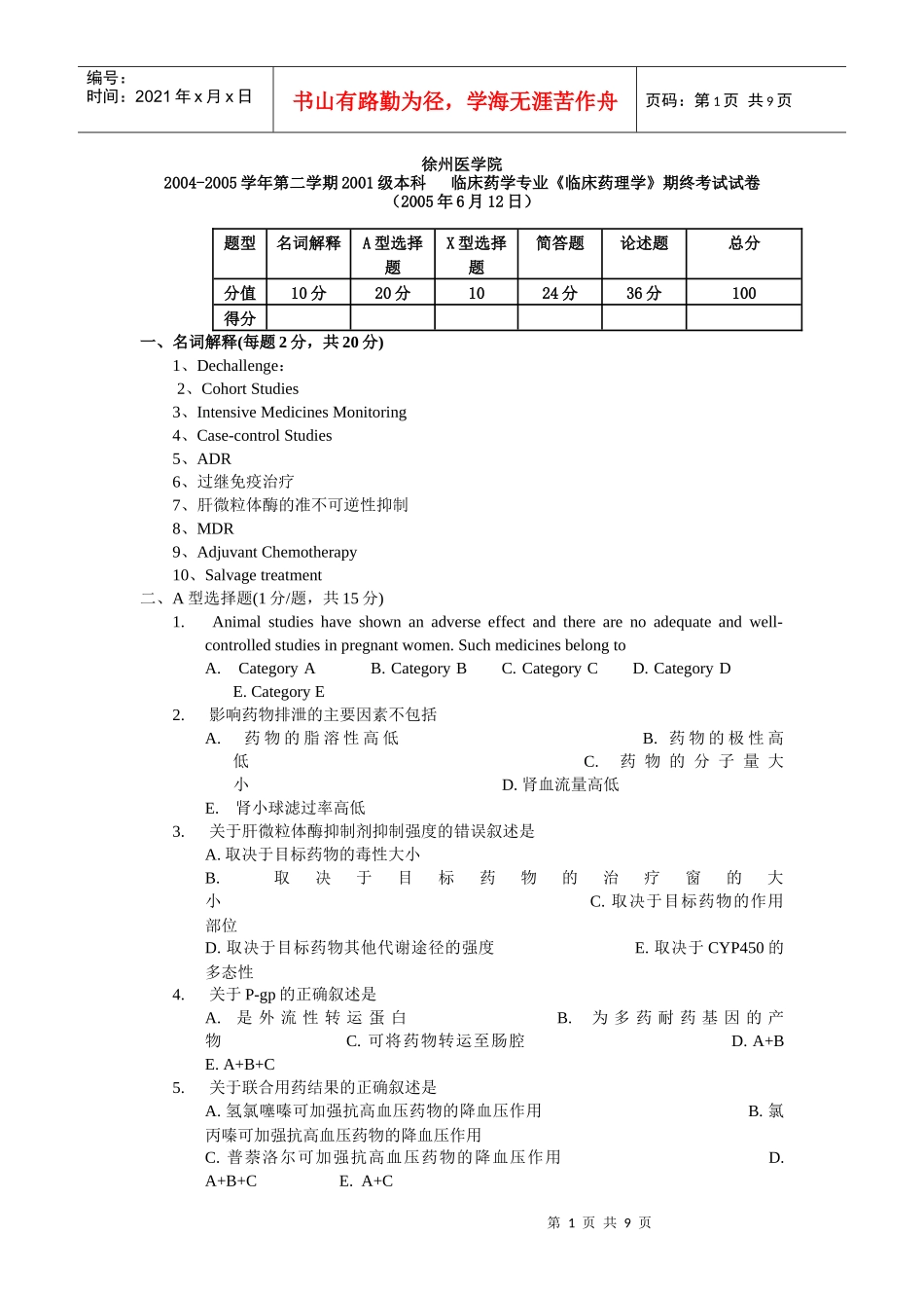 临床药学专业《临床药理学》期终考试试卷(XXXX年6月12日)_第1页